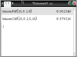 Screenshot einer Software mit Berechnungen für binomiale Wahrscheinlichkeiten.