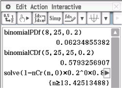 Screenshot einer mathematischen Software mit Berechnungen zu binomialen Wahrscheinlichkeiten und Gleichungen.