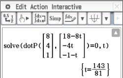 Mathematische Gleichung mit Matrix und Lösung für t in einer Software-Anwendung.