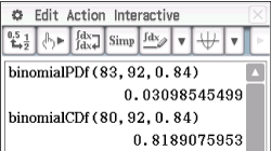 Screenshot einer mathematischen Software mit Berechnungen zu binomialen Verteilungen.