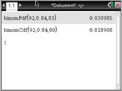 Screenshot einer Softwareanwendung mit Berechnungen zu binomialen Wahrscheinlichkeiten.