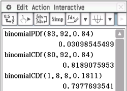 Mathematische Berechnungen mit binomialPDF und binomialCDF in einer Software.