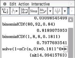 Mathematische Berechnungen und Funktionen auf einem Bildschirm, einschließlich binomialer Verteilungen und Gleichungen.