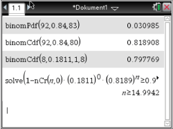 Screenshot einer mathematischen Berechnung mit Funktionen zur Binomialverteilung und einer Gleichung.
