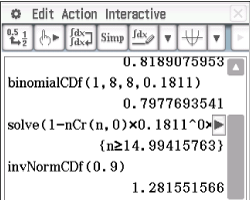 Screenshot einer mathematischen Software mit Berechnungen zu Wahrscheinlichkeiten und Funktionen.