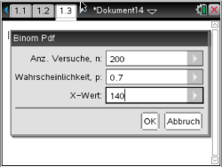 Dialogfenster mit Binomialverteilungseinstellungen: Versuche, Wahrscheinlichkeit und X-Wert.
