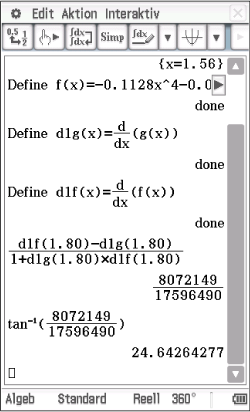 Screenshot eines mathematischen Programms mit Definitionen und Berechnungen von Funktionen und Ableitungen.