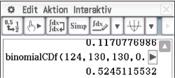 Screenshot einer Software-Oberfläche mit Berechnung einer binomialen kumulativen Verteilungsfunktion.