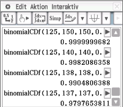 Mathematische Berechnungen mit binomialCDF in einer Softwareanwendung.