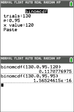 Screenshot eines Taschenrechner-Bildschirms mit Berechnungen zur Binomialverteilung.