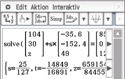 Screenshot einer mathematischen Software, die eine Gleichung löst und Ergebnisse anzeigt.
