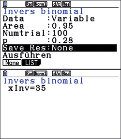 Bildschirmansicht einer mathematischen Berechnung mit Invers binomial, Daten und Ergebnissen.