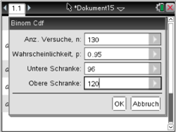Screenshot einer Software mit Einstellungen für eine Binomialverteilung.