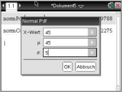 Dialogfenster für Normalverteilung mit Eingabefeldern für X-Wert, μ und σ.