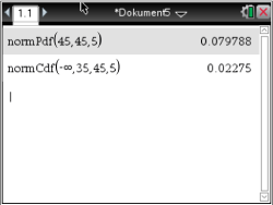 Screenshot einer Software mit Berechnungen für normPdf und normCdf.