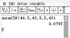 Mathematische Berechnung mit normCDF-Funktion, die einen Wert von 0.0797 anzeigt.