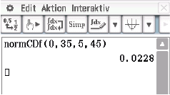 Screenshot einer Berechnung mit der Funktion normCDF in einem mathematischen Programm.