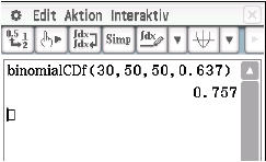 Screenshot einer Software mit einer Berechnung zur binomialen kumulativen Verteilungsfunktion.