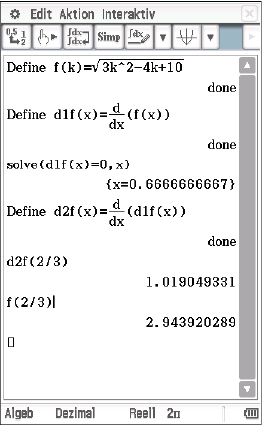 Screenshot einer mathematischen Software mit Berechnungen und Funktionen.